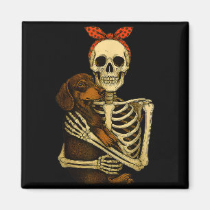 Skeleton Holding Dachshund Dog Funny Lazy Hallowee Magnet