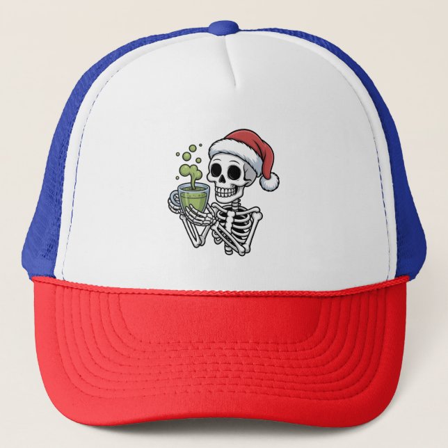 Skeleton Holding Matcha Drink Wearing Santa Hat (Front)