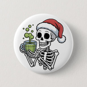 Skeleton Holding Matcha Drink Wearing Santa Hat 6 Cm Round Badge