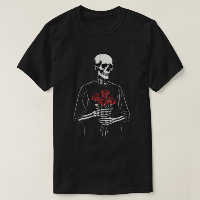 Skeleton Holding Red Roses – Dark Love Valentine  T-Shirt (Design Front)