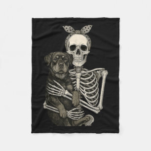 Skeleton Holding Rottweiler Dog Funny Lazy Hallowe Fleece Blanket