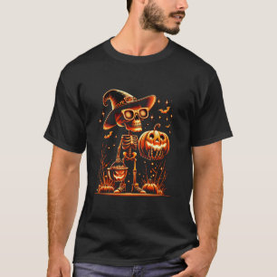 Skeleton Holding Scary Pumpkin Funny Halloween Bat T-Shirt