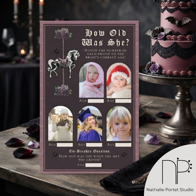 Skeleton Horse How Old Was She Bridal Shower Game (hand-drawn vintage carousel skeleton horse and mauve roses for a chic dark romance aesthetic. )