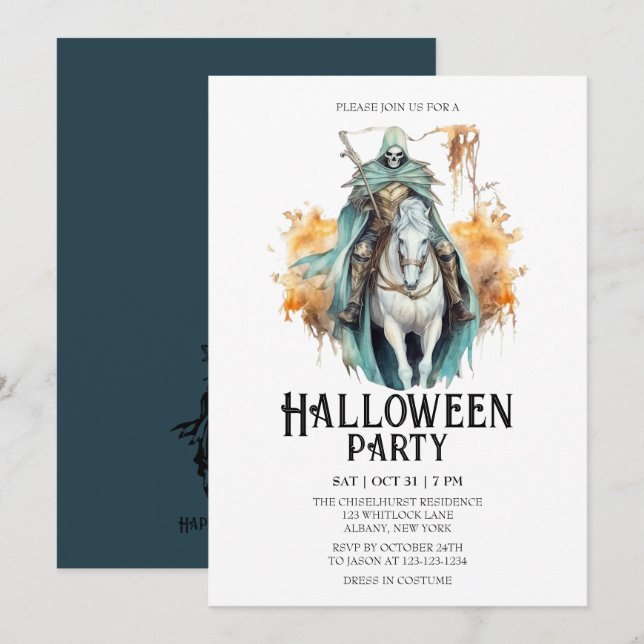 Skeleton Horseman Costume Mint Halloween Party Invitation (Front/Back)