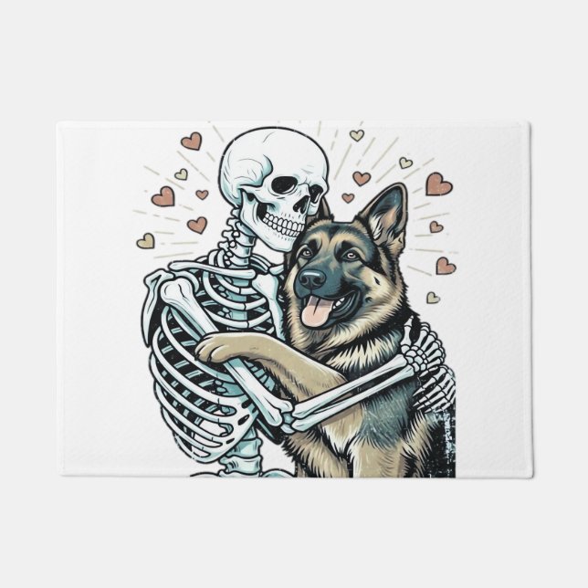 Skeleton Hugging a German Shepherd � Unique Gothic Doormat (Front)