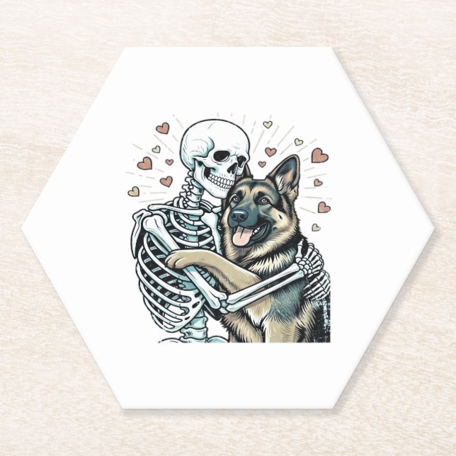 Skeleton Hugging a German Shepherd � Unique Gothic Paper Coaster (Front)
