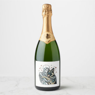 Skeleton Hugging a German Shepherd � Unique Gothic Sparkling Wine Label