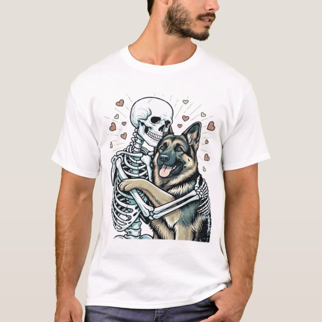 Skeleton Hugging a German Shepherd � Unique Gothic T-Shirt (Front)