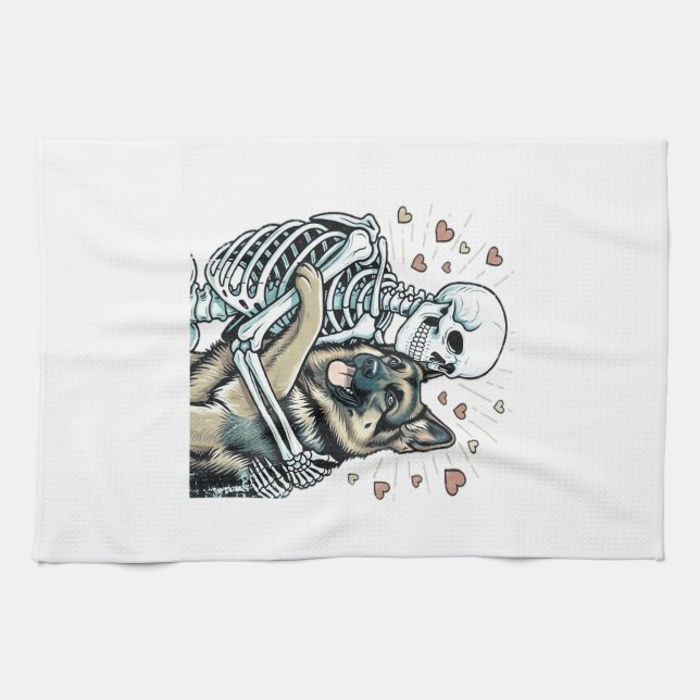 Skeleton Hugging a German Shepherd � Unique Gothic Tea Towel (Horizontal)