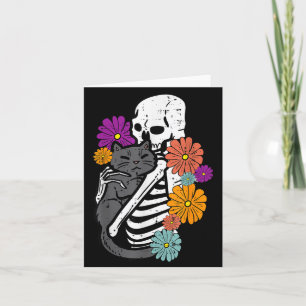 Skeleton Hugging Black Cat Flowers Halloween Women Card