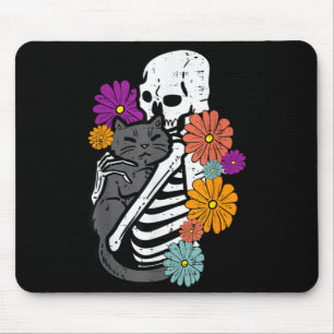 Skeleton Hugging Black Cat Flowers Halloween Women Mouse Pad