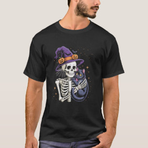 Skeleton Hugging Black Cat Halloween Cat Mum T-Shirt
