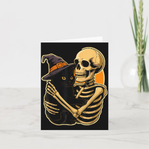 Skeleton Hugging Black Cat Halloween Cute Witch Card