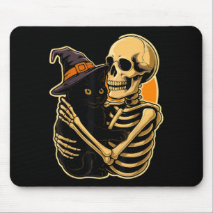 Skeleton Hugging Black Cat Halloween Cute Witch Mouse Pad