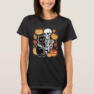 Skeleton Hugging Black Cat Halloween Funny Cat Lov T-Shirt