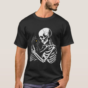 Skeleton Hugging Black Cat Halloween Gothic Design T-Shirt