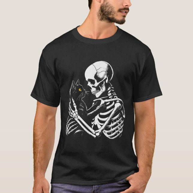 Skeleton Hugging Black Cat Halloween Gothic Design T-Shirt (Front)