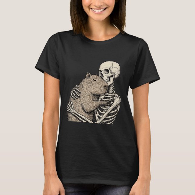 Skeleton Hugging Capybara Halloween Capy Lover Spo T-Shirt (Front)