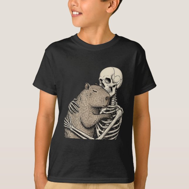 Skeleton Hugging Capybara Halloween Capy Lover Spo T-Shirt (Front)
