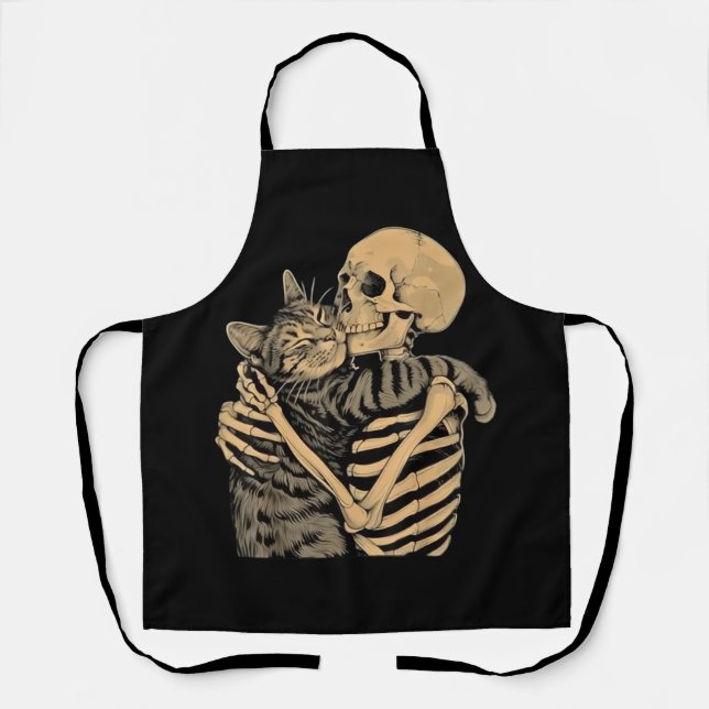  Skeleton Hugging Cat – Cute Gothic Cat Lover Gift Apron (Front)
