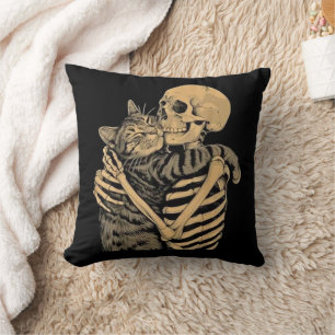 Skeleton Hugging Cat – Cute Gothic Cat Lover Gift Cushion