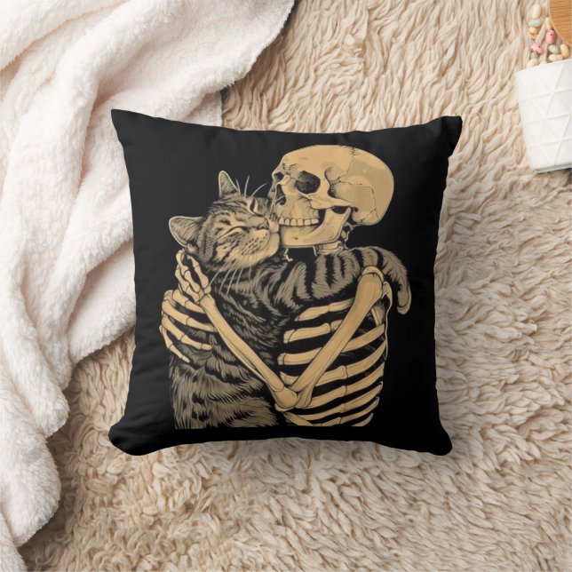  Skeleton Hugging Cat – Cute Gothic Cat Lover Gift Cushion (Blanket)
