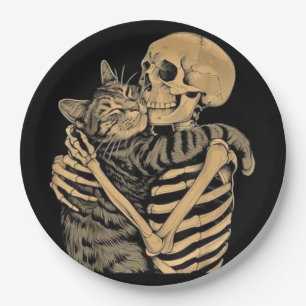 Skeleton Hugging Cat – Cute Gothic Cat Lover Gift Paper Plate