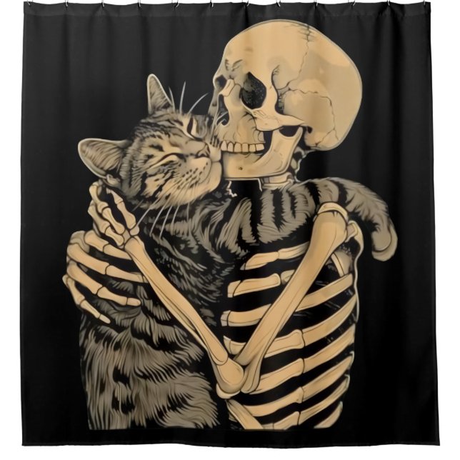  Skeleton Hugging Cat – Cute Gothic Cat Lover Gift Shower Curtain (Front)