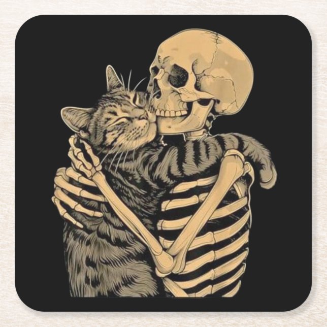  Skeleton Hugging Cat – Cute Gothic Cat Lover Gift Square Paper Coaster (Front)