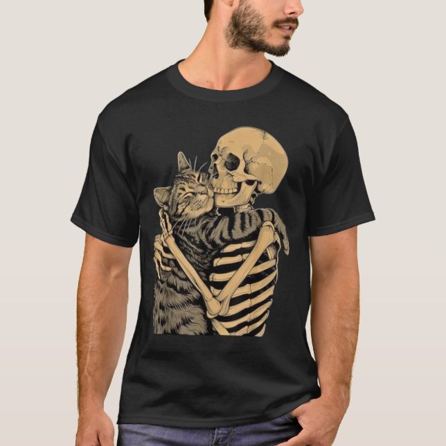  Skeleton Hugging Cat – Cute Gothic Cat Lover Gift T-Shirt (Front)