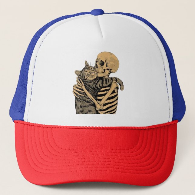  Skeleton Hugging Cat – Cute Gothic Cat Lover Gift Trucker Hat (Front)