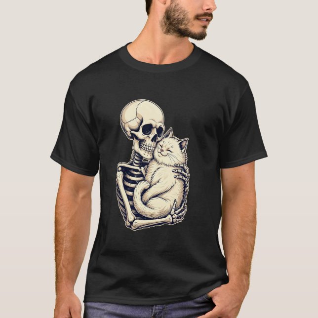 Skeleton Hugging Cat Cute Halloween Cat Lover Kitt T-Shirt (Front)