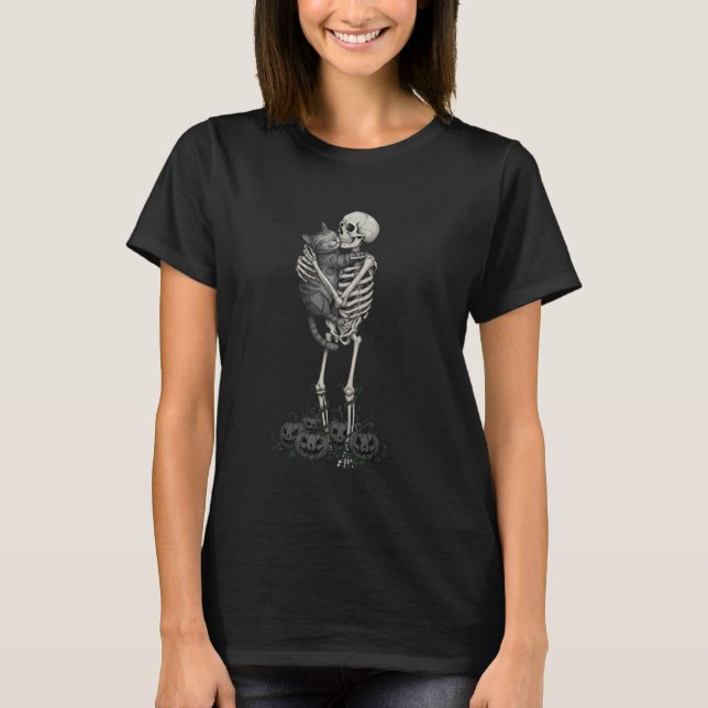 Skeleton Hugging Cat Cute Halloween Graphic tee fo (Front)