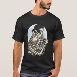 Skeleton Hugging Cat Dad Mum Funny Cute Halloween T-Shirt