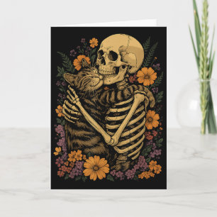 Skeleton Hugging Cat Floral Halloween Cats Lover Card