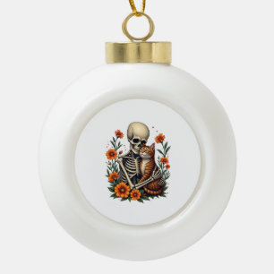 Skeleton Hugging Cat Floral Halloween Cats Lover Ceramic Ball Christmas Ornament