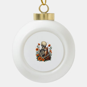 Skeleton Hugging Cat Floral Halloween Cats Lover Ceramic Ball Christmas Ornament