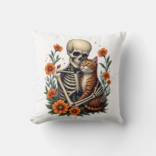 Skeleton Hugging Cat Floral Halloween Cats Lover Cushion