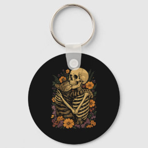 Skeleton Hugging Cat Floral Halloween Cats Lover  Key Ring