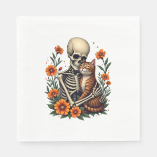 Skeleton Hugging Cat Floral Halloween Cats Lover Napkin