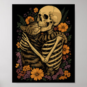 Skeleton Hugging Cat Floral Halloween Cats Lover  Poster