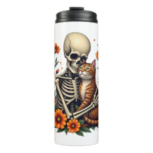 Skeleton Hugging Cat Floral Halloween Cats Lover Thermal Tumbler