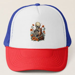 Skeleton Hugging Cat Floral Halloween Cats Lover Trucker Hat