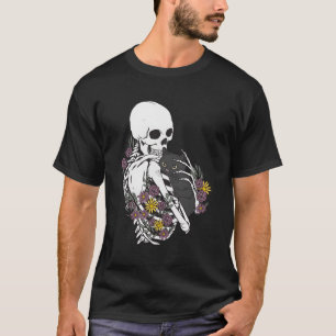 Skeleton Hugging Cat Flowers Skeleton Black Cat T-Shirt