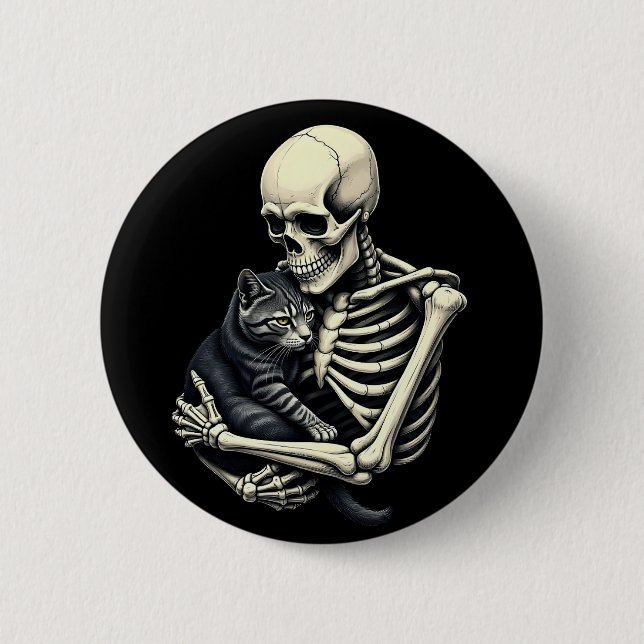Skeleton Hugging Cat Funny Halloween Cat Lover 6 Cm Round Badge (Front)