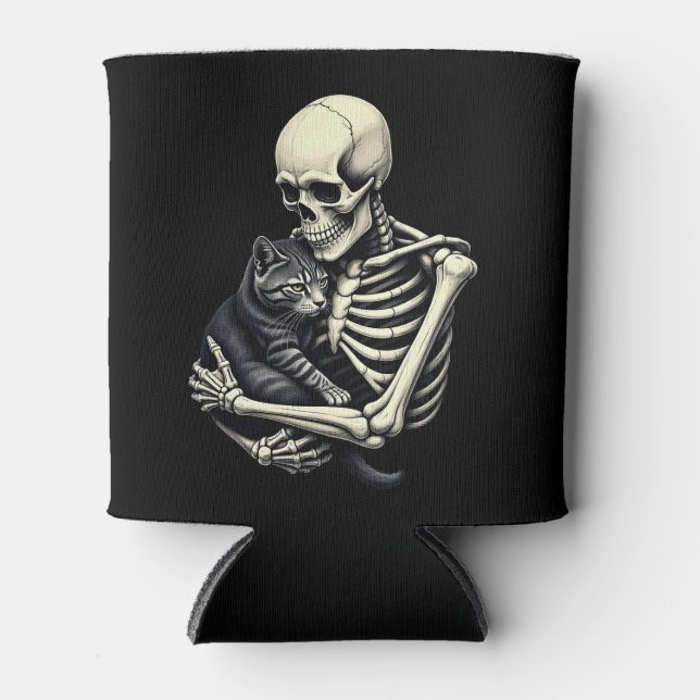 Skeleton Hugging Cat Funny Halloween Cat Lover Can Cooler (Front)