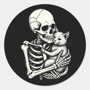 Skeleton Hugging Cat Funny Halloween Cat Lover Classic Round Sticker