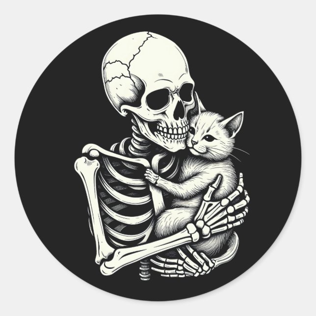 Skeleton Hugging Cat Funny Halloween Cat Lover Classic Round Sticker (Front)