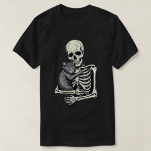 Skeleton Hugging Cat Funny Halloween Cat Lover T-Shirt