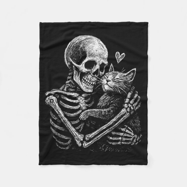 Skeleton hugging cat funny kitten skull lover men fleece blanket (Front)